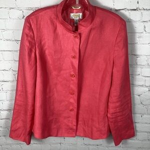 Talbots Irish Linen Jacket Pink Coral Lined‎ Women’s Size 10 Mandarin Collar